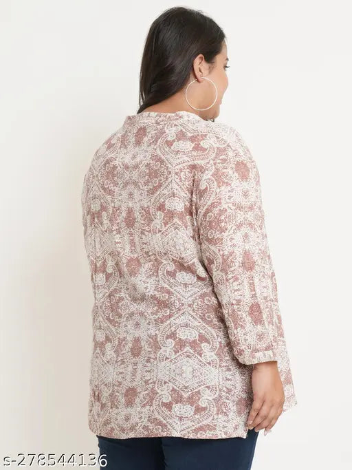 Brown & white abstract printed mandarin collar plus size viscose rayon top, long sleeves, side slit design, India origin