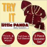 Woolen knitted baby girl sweater set with cap & booties, full sleeves, solid pattern