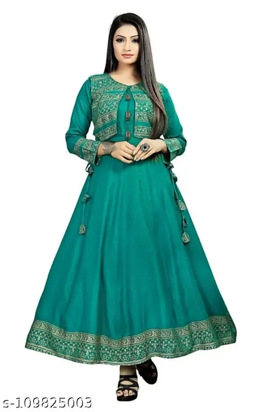 Green rayon Anarkali kurti with designer printed jacket, three-quarter sleeves, round neck, ankle length, print border, India origin, 4XL (Bust Size: 48 in)