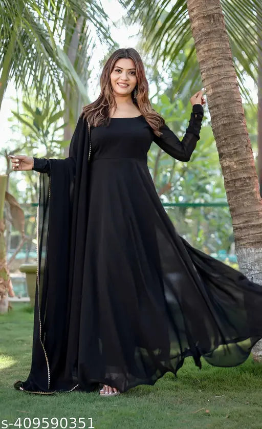 Black Georgette A-line flared gown with dupatta, butterfly long sleeves, suitable for party wear
