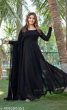 Black Georgette A-line flared gown with dupatta, butterfly long sleeves, suitable for party wear