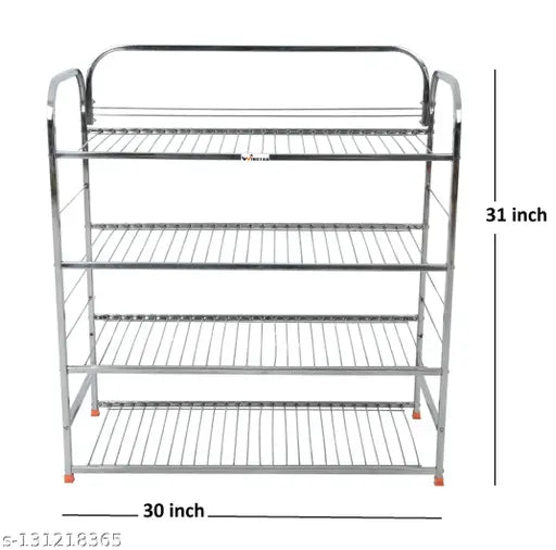 Stainless steel multipurpose wall mount rack, suitable for shoes, kitchen utensils, dishes, and books, features four layers for versatile storage needs