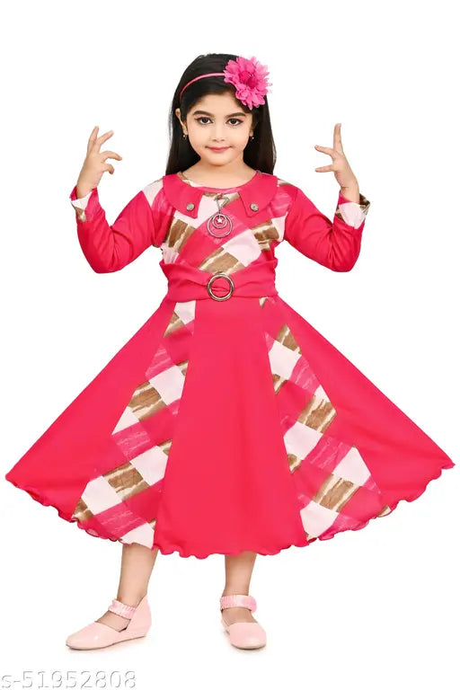 Pink checked pattern cotton blend round neck maxi dress girls party wear self desigined flared long sleeve