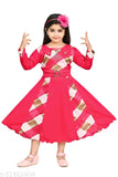 Pink checked pattern cotton blend round neck maxi dress girls party wear self desigined flared long sleeve