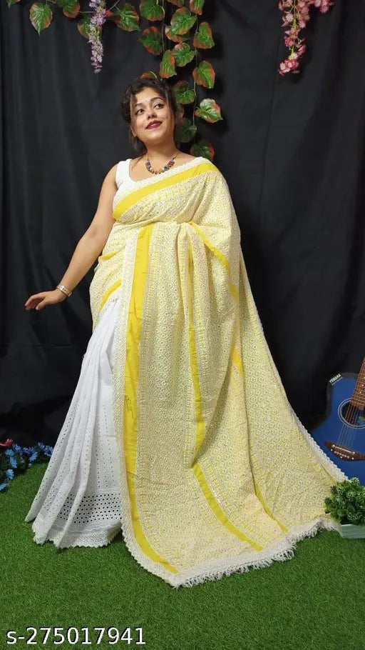 Chiffon chikonkari trending saree with lace border, cotton blend and free size (5.5m), Indian craftsmanship for fashionable occasions