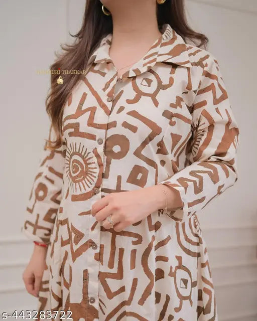 Pure cotton khaaki coord set, stylish and trendy kurta pant set for women. Printed ethnic kurti set for casual and festive wear