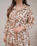 Pure cotton khaaki coord set, stylish and trendy kurta pant set for women. Printed ethnic kurti set for casual and festive wear