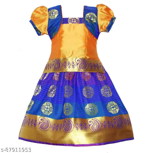 Cotton-silk Kids Ponni Pattu Lehengha Choli with waist belt, featuring short sleeves and floral stitch design, ideal for festivals and parties. Made in India (16"x16", 6-12 months)