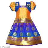 Cotton-silk Kids Ponni Pattu Lehengha Choli with waist belt, featuring short sleeves and floral stitch design, ideal for festivals and parties. Made in India (16"x16", 6-12 months)