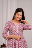 The image shows a VORCIA FEBTEX Women's Printed Rayon Anarkali Maternity Feeding Kurti with a zipper. The kurti features a vibrant pattern and is designed in a maternity style with a side zipper for ease of use during pregnancy. It appears to be a rayon material, common for its lightweight nature and drape