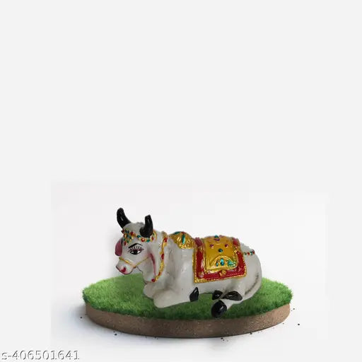 White marble Nandi cow statue for religious pooja, temple decor, home decor, or study room - India