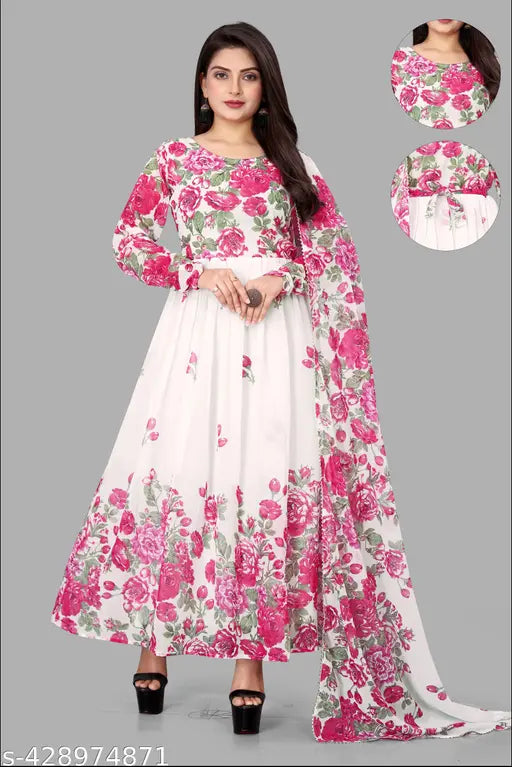 Stylish georgette printed kurta set with dupatta for women & girls, featuring long sleeves and multiple sizes available