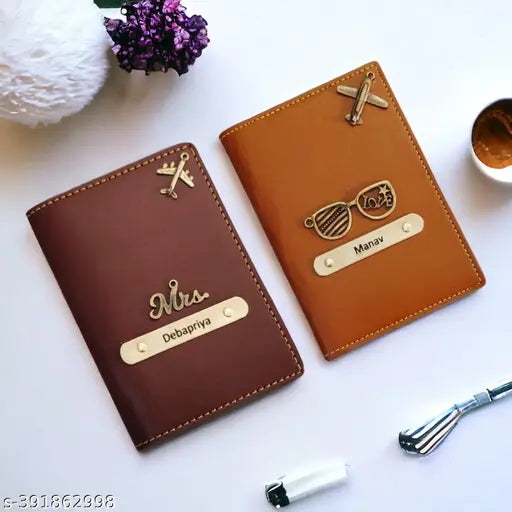 Brown and tan canvas & leather customized passport cover combo pack for unisex adults, 2 compartments each, free size (15cm x 12cm), perfect travel accessories
