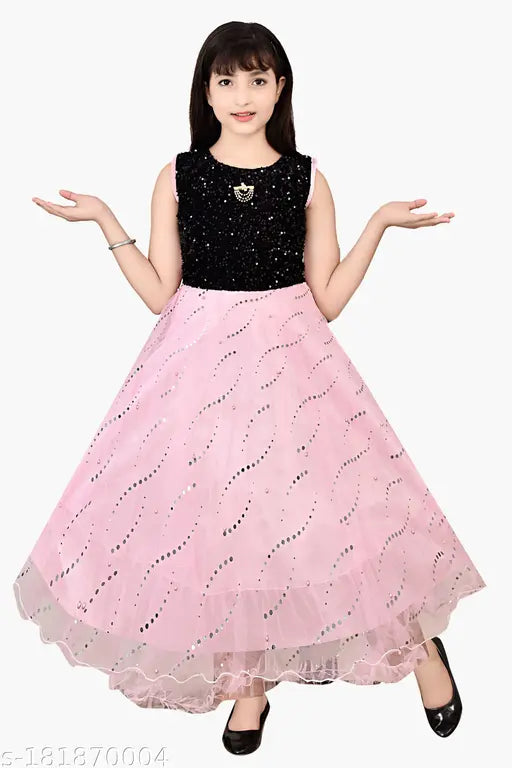 Pink lace party gown for girls, short sleeves, knee length