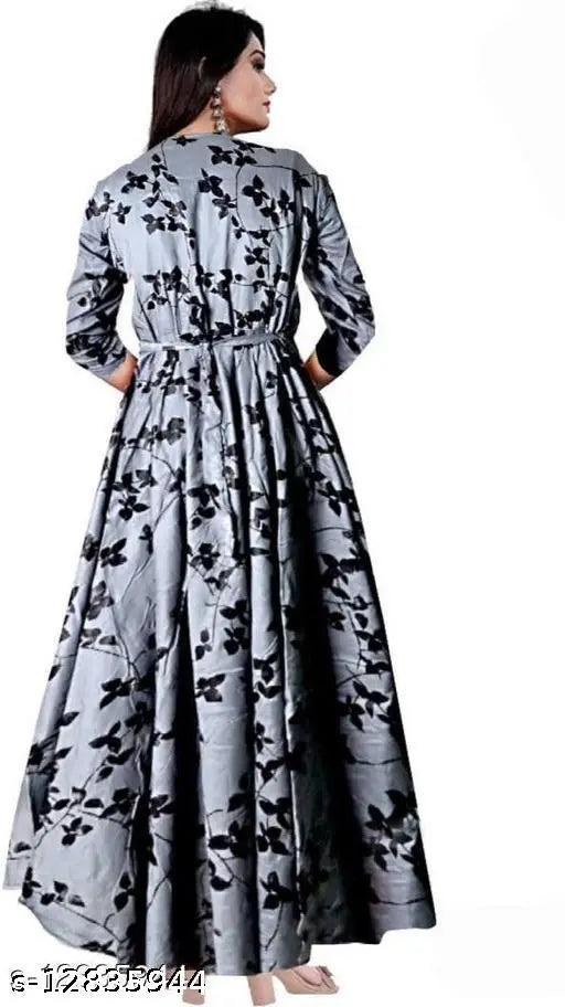 Grey cottonrayon printed long flared maxi gown