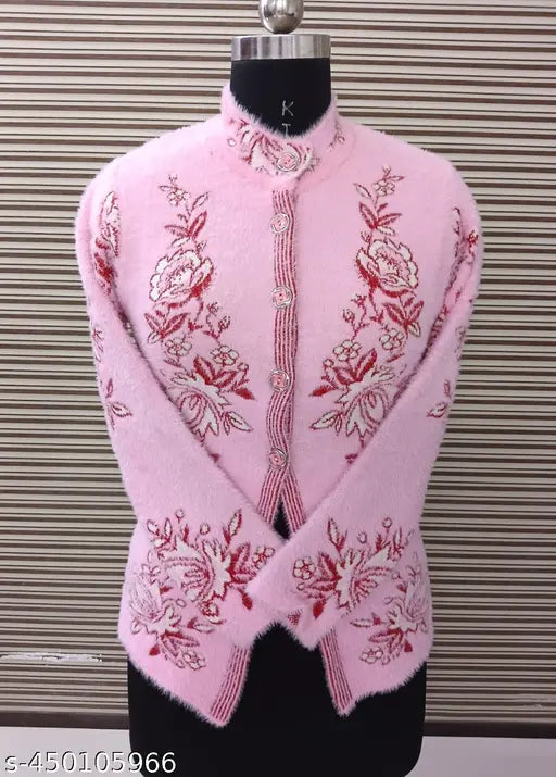 Woolen self-design cardigan, long sleeves and zip. Women's winter wear in M (Bust 34in, Length 24in) or L (Bust 36in, Length 25in). Indian designer fancy cardigan