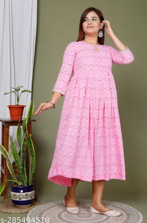 Rayon O neck hem gown, printed combo three-quarter sleeves, Indian geometrical design on long kurti