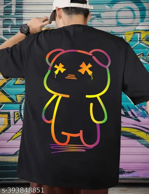 Black cotton graphic printed oversized t-shirt for men, featuring anime design. Perfect for all-day wear with various bottom outfits." (124 characters)