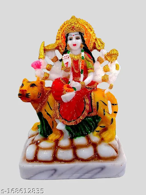 Multicolor marble finish Maa Durga statue, 14cm tall. Decorative Indian god idol, versatile for home altar or puja room