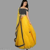 Yellow silk and net embroidered lehenga choli with heavy embellishments, paired with a lace dupatta. Indian semi-stitched bridal wear, waist size 42 inches, length 44 inches, dupatta length 2 meters