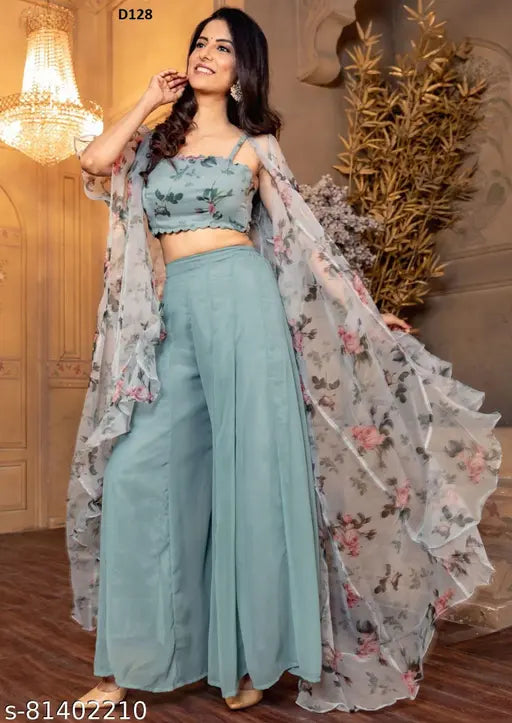 Georgette print net kurta set with palazzo bottoms - M size, Indian origin