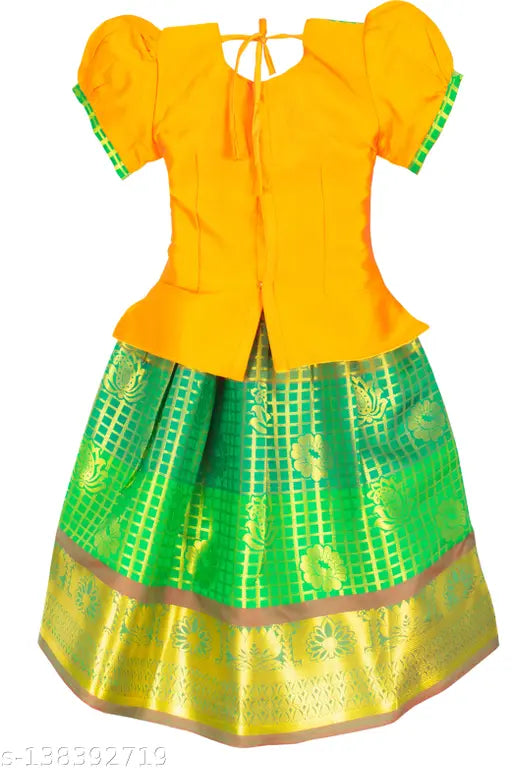 Cotton Silk kids' Pattu Pavadai Lehanga Choli Pattu Langa with waist belt, traditional Indian attire for festivals and parties