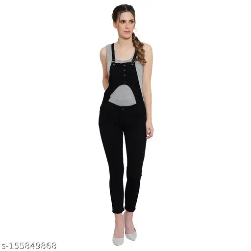Denim high-waist sleeveless dungaree jumpsuit for ladies, solid blue color with adjustable shoulder straps and four pockets