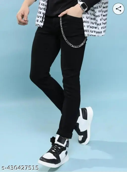 Slim fit men's black denim jeans, solid pattern. 28" waist, 39" length, 30" hip size available