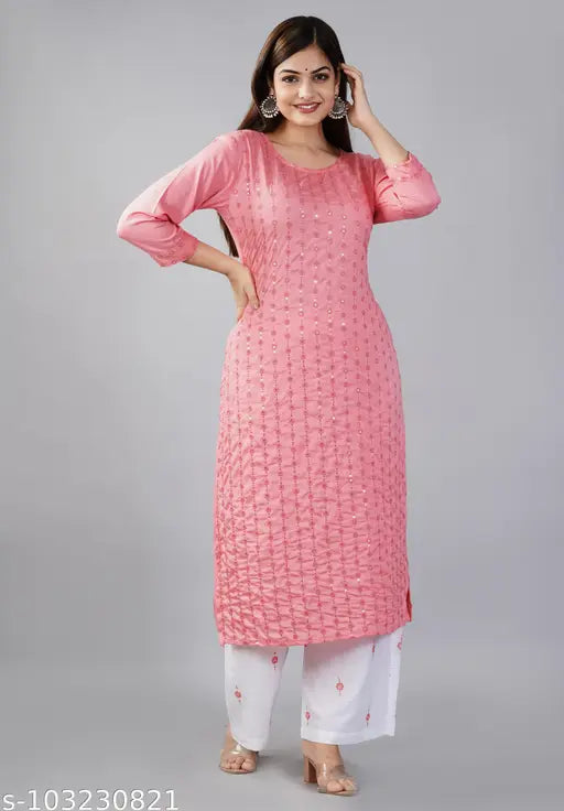 Peach embellished rayon kurta with palazzos, single size available for Indian fashion