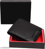 Black faux leather men's wallet, regular size with 7 card slots. Classic design, smooth texture, 2 compartments for cash & ID