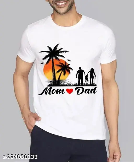 Polyester Mom Dad Beach t-shirt, short sleeves, printed graphic design for men, white, country of origin: India