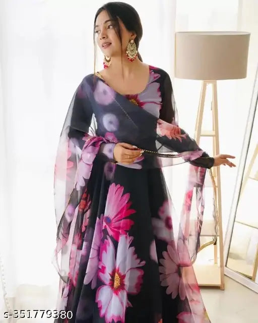 Georgette floral print fully flared dress with dupatta, high-quality Indian fabric & long sleeves