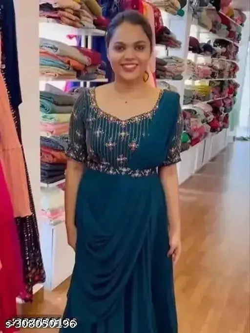 Moripich emb gown, heavy georgette silk with embroidered net, short sleeves, Indian made