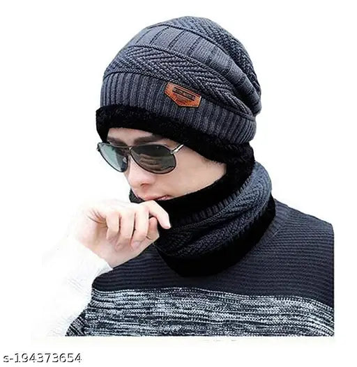 Warm woolen beanie cap + muffler scarf set (acrylic, fur, wool) for men & women in 20 degree temperature, ideal for casual outdoor wear