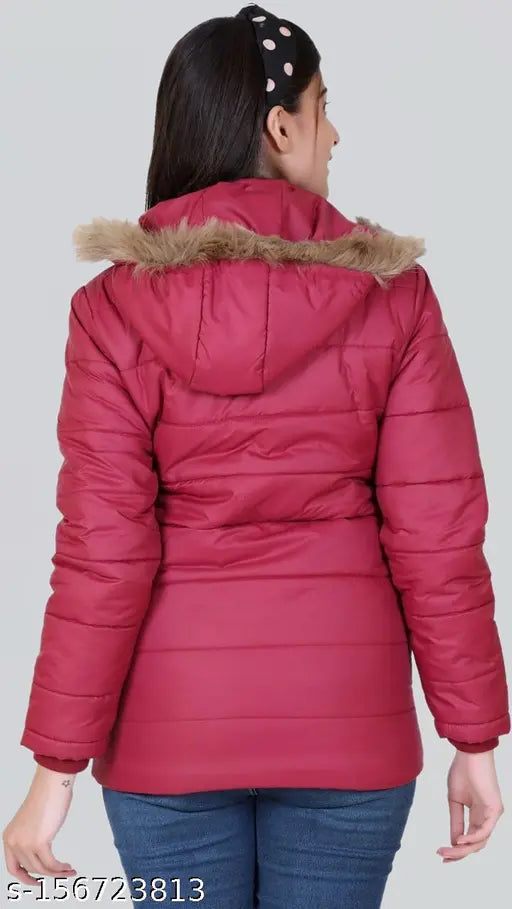 Maroon Kathhik nylon long sleeve women's detachable hoodie jacket, wind and snow proof for winter