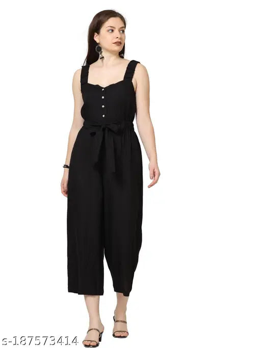Black cotton blend sleeveless maxi jumpsuit, stylish and versatile, suitable for various climates