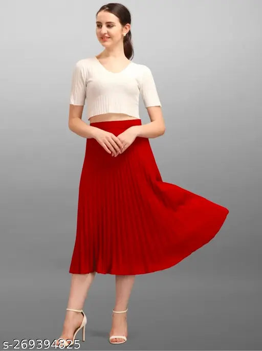 Red solid pleated skirt, western style clothing