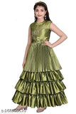 Green Silk Blend Pleated Gown, stylish kids western wear (3-16 years)