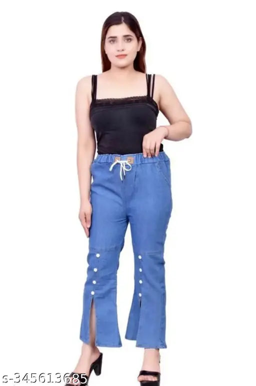 Stylish white button denim bell bottom pants with solid or floral pattern, made in India