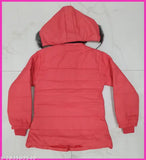 Red coat with hood, faux fur lining