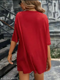 Red cotton off-the-shoulder t-shirt with rhinestones and sequins, loose-long baggy fit