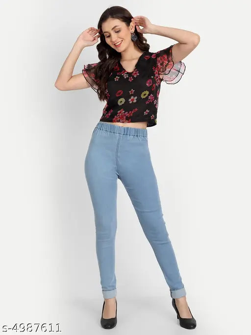 Skyblue denim jeggings for women, medium-waist stretchable with elastic closer and ankle length