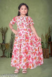 Printed net short sleeve gown for children aged 9-15 years, featuring super net fabric from India