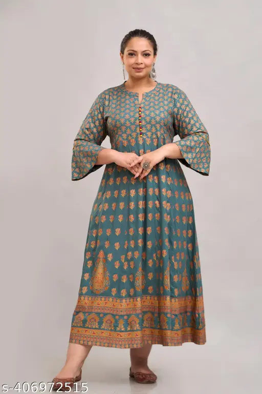 Multicolor rayon plus size maxi gown/kurti with printed design, India-origin fashion wear