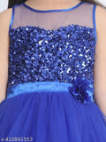 A blue sparkly dress with floral detailing on a young girl