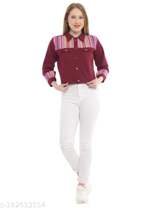 Denim printed net Capsule Pink jacket by Mahroon, long sleeves, size S (bust 18in, length 19in), made in India