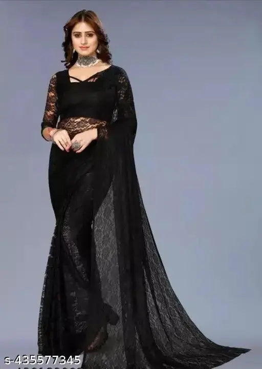 Silk Net Occasionally Sari, single-part Indian net sari with self-design pattern and running blouse, perfect for festivals and formal events