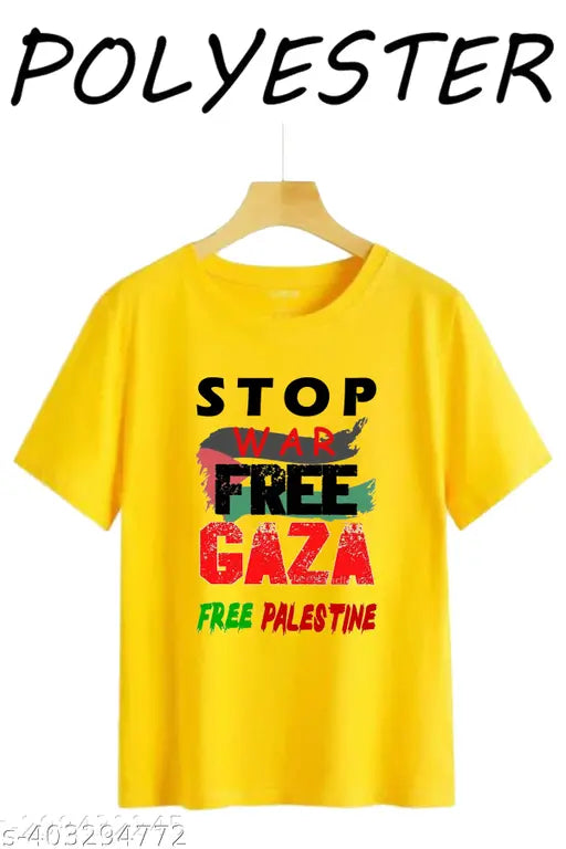 Yellow Stop War Free Gaza Save Palestine printed net polyester short-sleeve t-shirt on hanger, size: M
