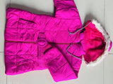 Pink puffer coat with fur trim and hood, zip closure