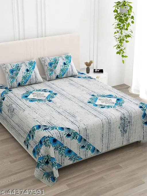 Saganeri print floral geometric design cotton double king bedsheet with 2 pillow covers, ideal for heavy winter and adult use, 130 thread count, made in India